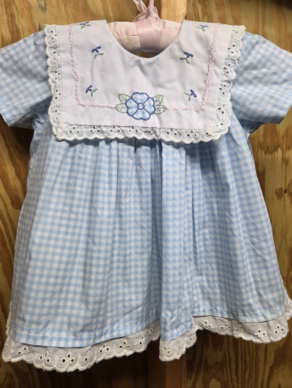 Baby Club Vintage Blue White Gingham Dress Embroidered Collar